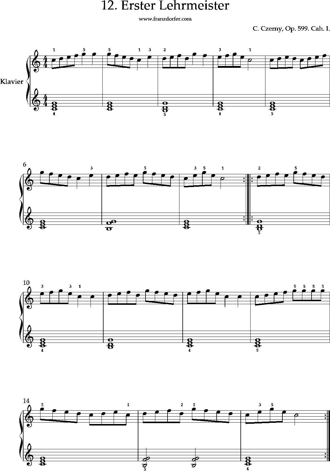 Klavier lernen, Czerny, Erster Lehrmeister, Op. 599, No-12